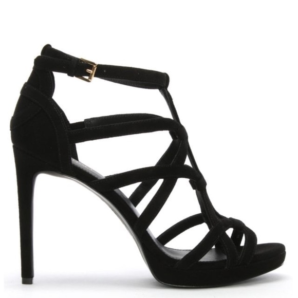 Michael Kors Sandra Silhouette Platforms Black Suede Leather Sandals Heel Pump - Picture 4 of 8